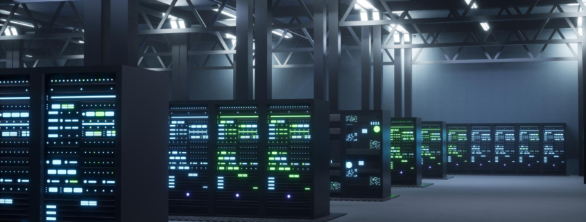 A close-up of a row of server cabinets in a data center.